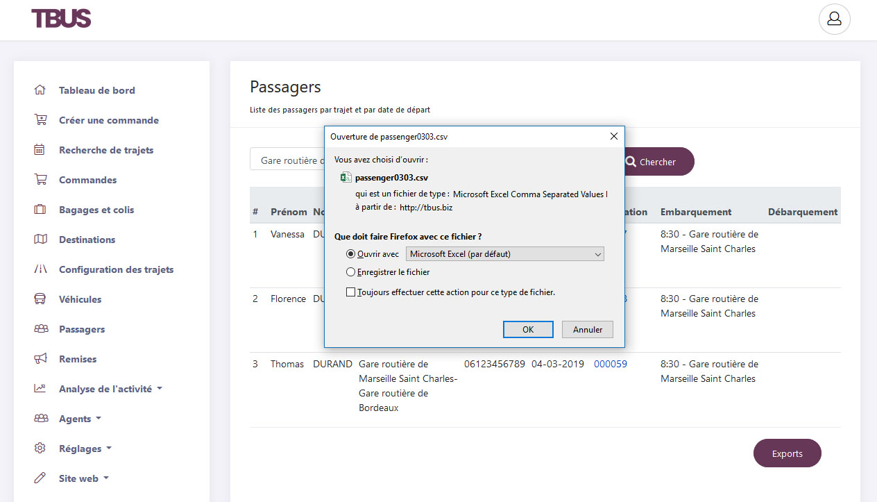 Export des passagers
